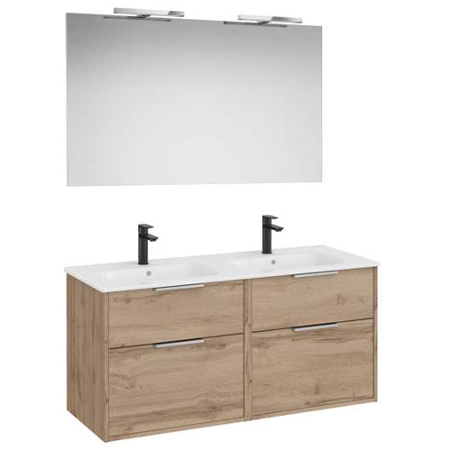 Conjunto Pack Optica (mueble base c/4 cajones, lavabo doble, espejo y aplique Starlight) 1200x455x565 mm, nogal, (A852463517)