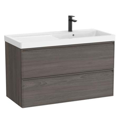 Conjunto Unik Linea (mueble base c/2 cajones y lavabo de FINECERAMIC a la derecha), 1000x455x625 mm, nogal oscuro, (A852492597)
