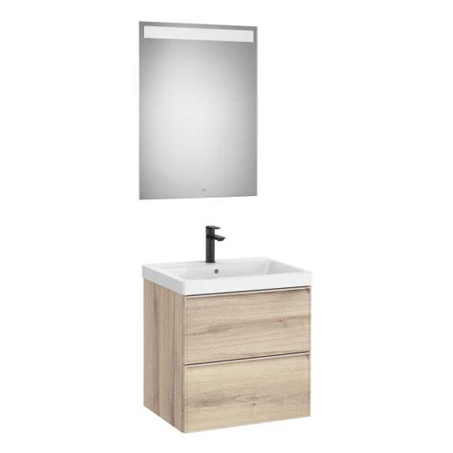[PROCA852494524] Conjunto Pack Linea (mueble base c/2cajones, lavabo de FINECERAMIC y espejo LED Eidos), 600x455x625 mm, beige madera, (A85249452
