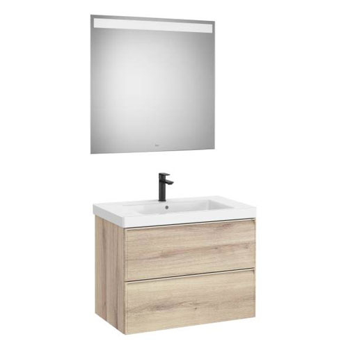 [PROCA852495524] Conjunto Pack Linea (mueble base c/2cajones, lavabo de FINECERAMIC y espejo LED Eidos), 800x455x625 mm, beige madera, (A85249552