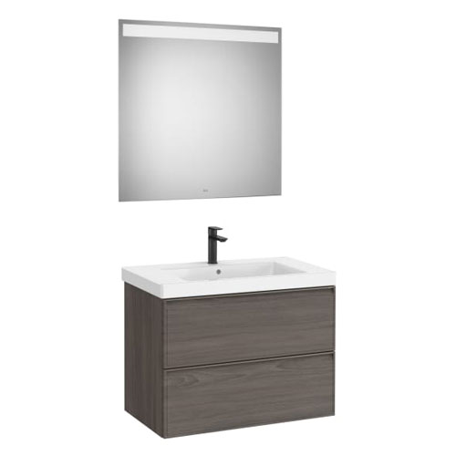 Conjunto Pack Linea (mueble base c/2cajones, lavabo de FINECERAMIC y espejo LED Eidos), 800x455x625 mm, nogal oscuro, (A85249559