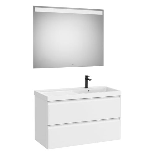 Conjunto Pack Linea (mueble base c/2cajones, lav. FINECERAMIC a la dcha., esp. LED Eidos), 1000x455x625 mm, bl. m., (A852498509)