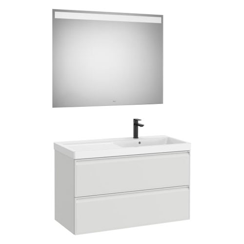 Conjunto Pack Linea (mueble base c/2cajones, lav. FINECERAMIC a la dcha., esp. LED Eidos), 1000x455x625 mm, g. p., (A852498514)