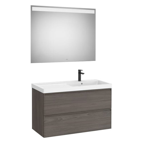 [PROCA852498597] Conjunto Pack Linea (mueble base c/2cajones, lav. FINECERAMIC a la dcha., esp. LED Eidos), 1000x455x625 mm, nog. o., (A852498597